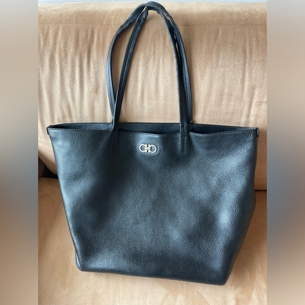 SALVATORE FERRAGAMO Tote Bag Gancini Leather Black Gold Hardware Women's
